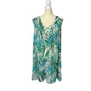 Portcruz Sheer White & Green Tropical Print Lace Up Cover Up Women's Size 2X